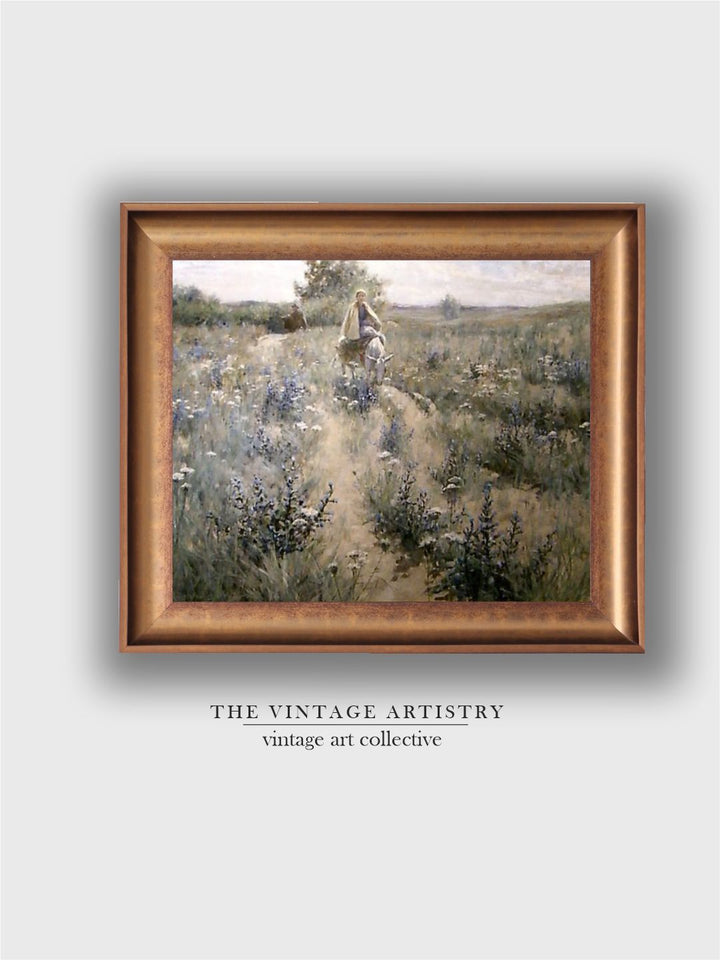 The Vintage Artistry Beige Girl Riding A Donkey Painting Wall Art