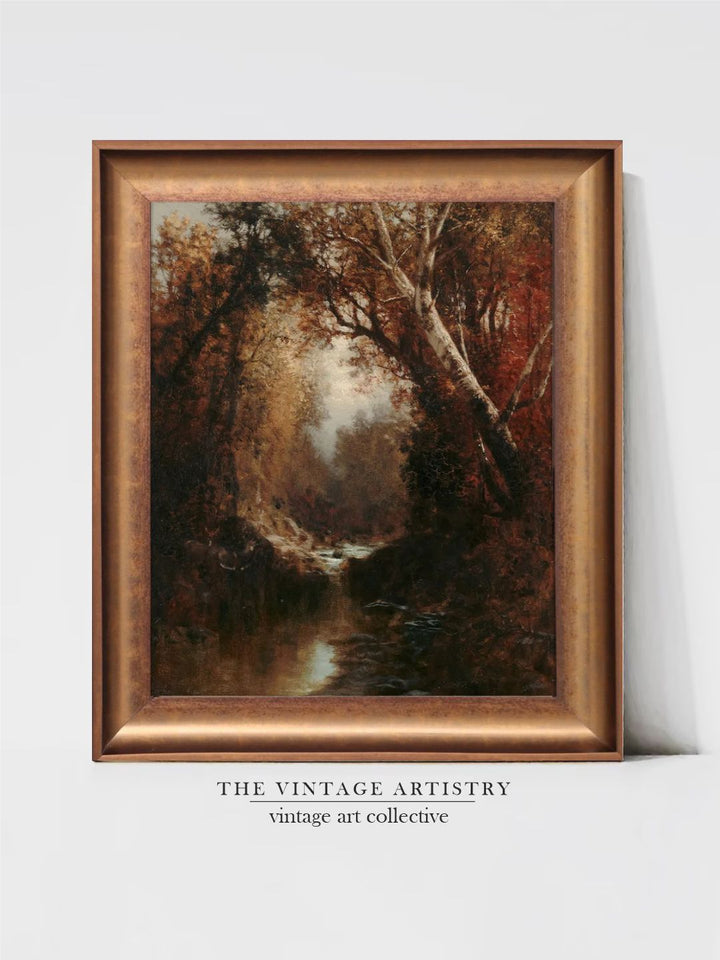 The Vintage Artistry Beige & Red Autumn Forest Landscape Painting Wall Art