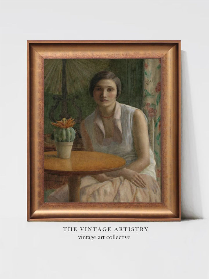 The Vintage Artistry Brown & Green Woman & Cactus Wooden Framed Wall Painting