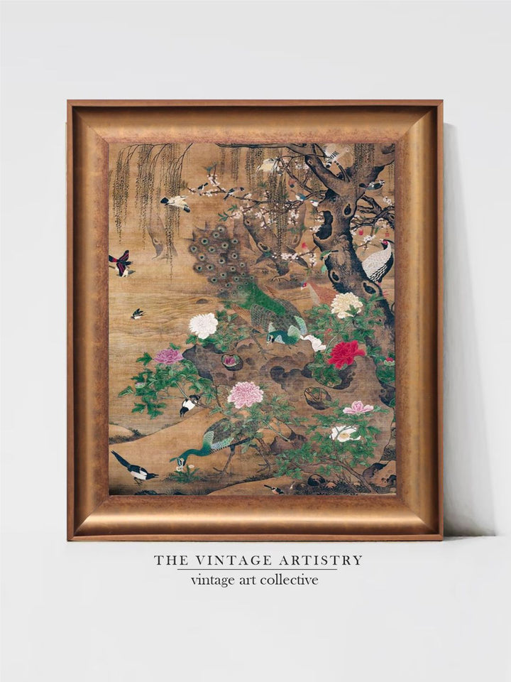 The Vintage Artistry Brown & Green Birds Gather Under The Spring Willow Framed Wall Painting