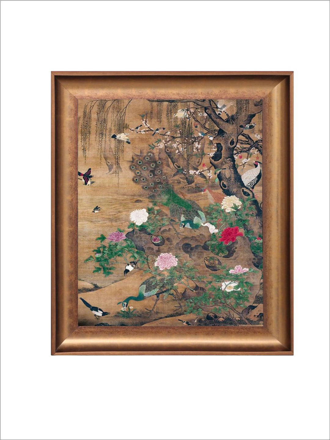 The Vintage Artistry Brown & Green Birds Gather Under The Spring Willow Framed Wall Painting