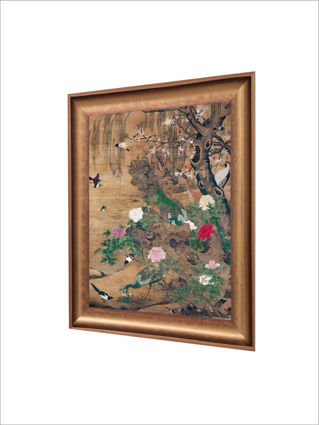 The Vintage Artistry Brown & Green Birds Gather Under The Spring Willow Framed Wall Painting