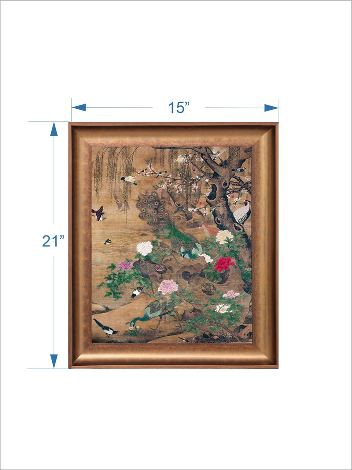 The Vintage Artistry Brown & Green Birds Gather Under The Spring Willow Framed Wall Painting
