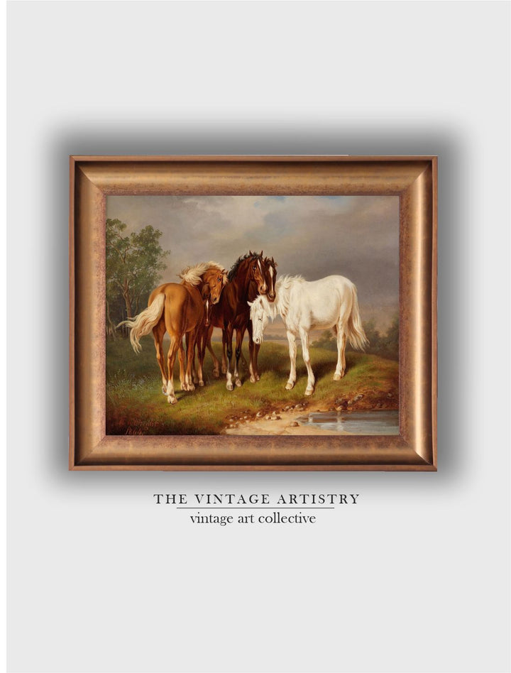 The Vintage Artistry Green & Brownpainting Of A Group Of Horses Framed Wall Art