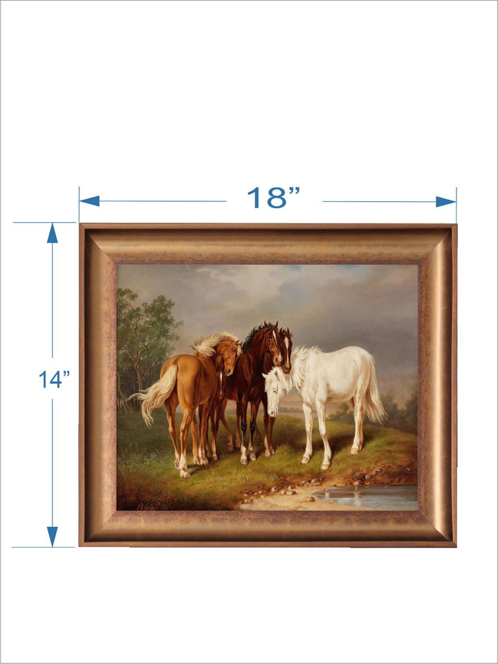 The Vintage Artistry Green & Brownpainting Of A Group Of Horses Framed Wall Art