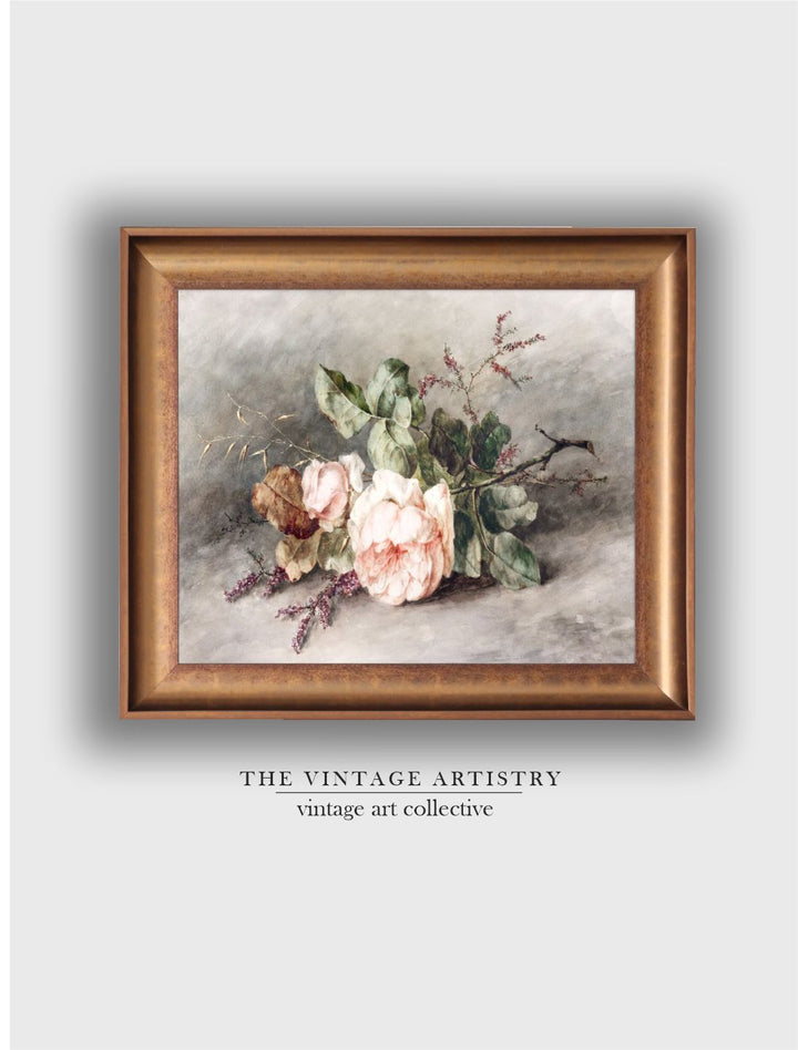 The Vintage Artistry Green & Brown Rose Still Life Wooden Framed Painting Wall Art