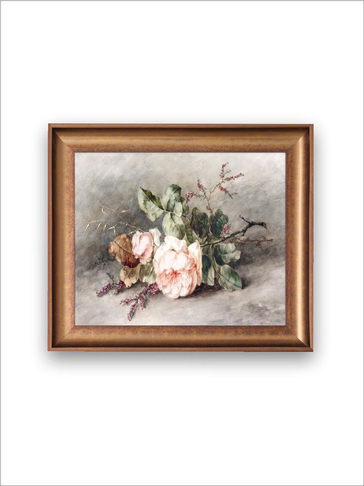 The Vintage Artistry Green & Brown Rose Still Life Wooden Framed Painting Wall Art