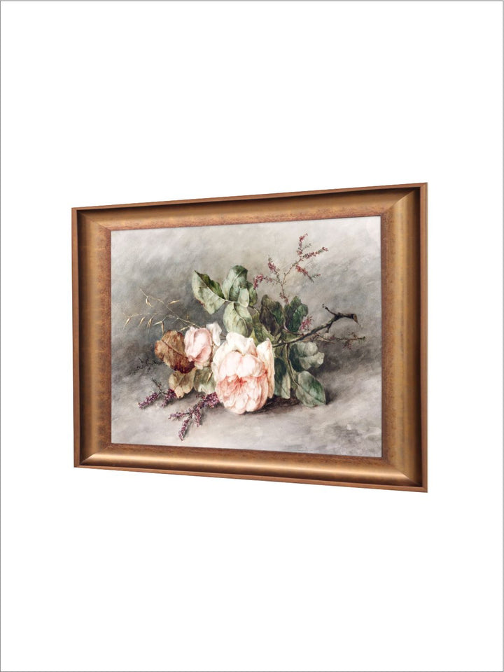 The Vintage Artistry Green & Brown Rose Still Life Wooden Framed Painting Wall Art