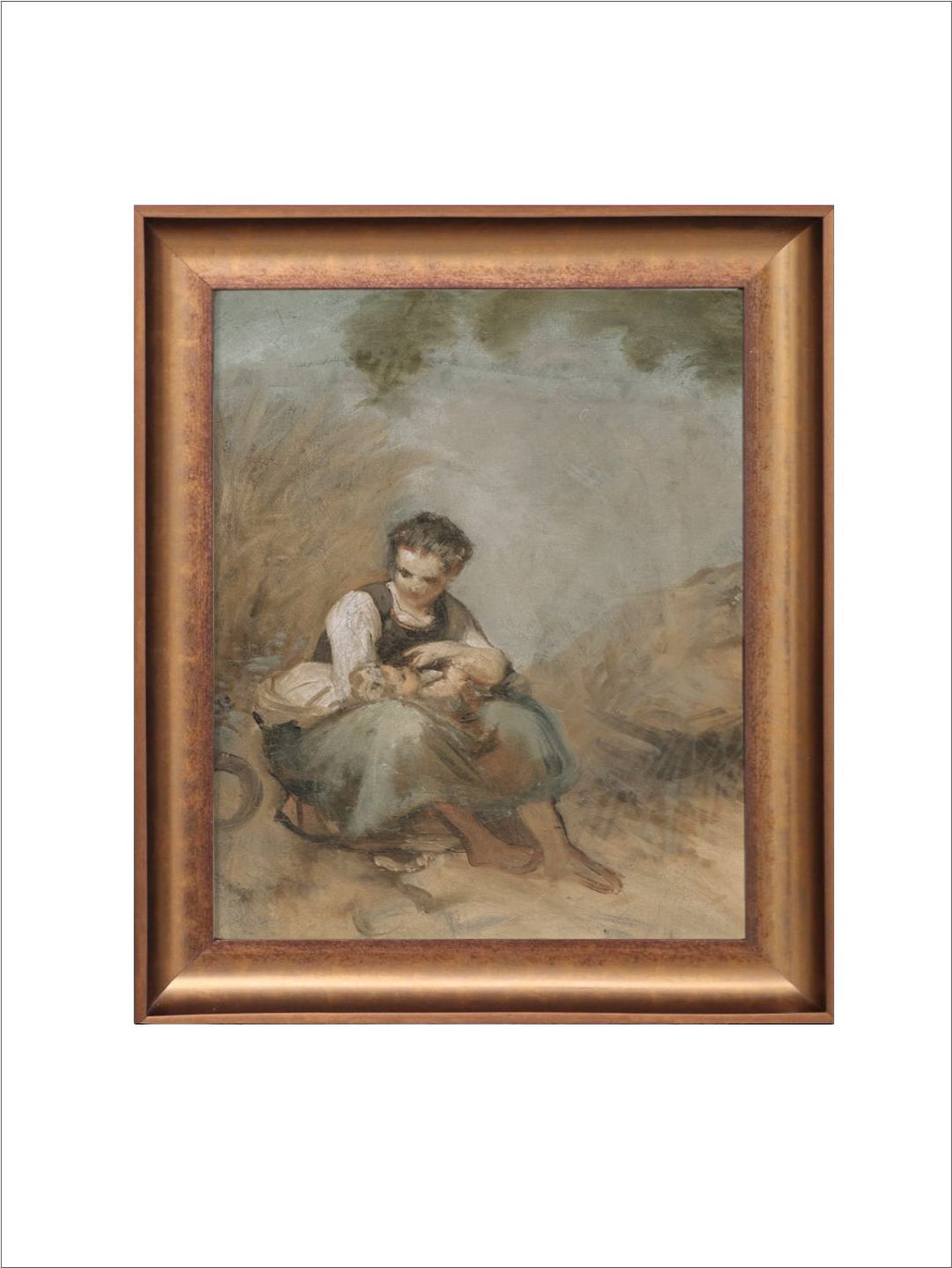 The Vintage Artistry Green & Brown Young Peasant Woman Sitting On A Rock Painting Wall Art