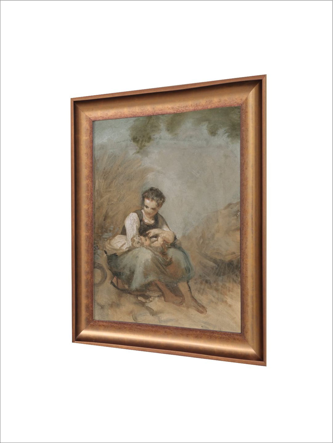 The Vintage Artistry Green & Brown Young Peasant Woman Sitting On A Rock Painting Wall Art