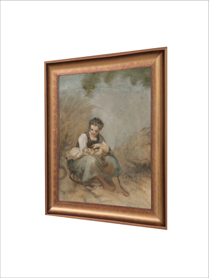 The Vintage Artistry Green & Brown Young Peasant Woman Sitting On A Rock Painting Wall Art