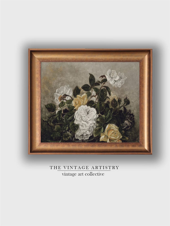 The Vintage Artistry Brown & Green Still Life Of Roses Printed Framed Wall Painting