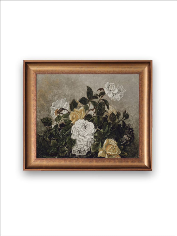 The Vintage Artistry Brown & Green Still Life Of Roses Printed Framed Wall Painting