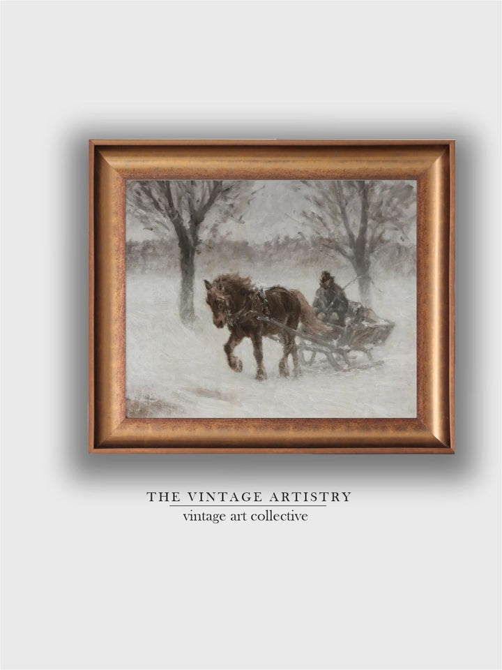 The Vintage Artistry Grey & White Country Winter Sleigh Ride Printed Framed Wall Painting