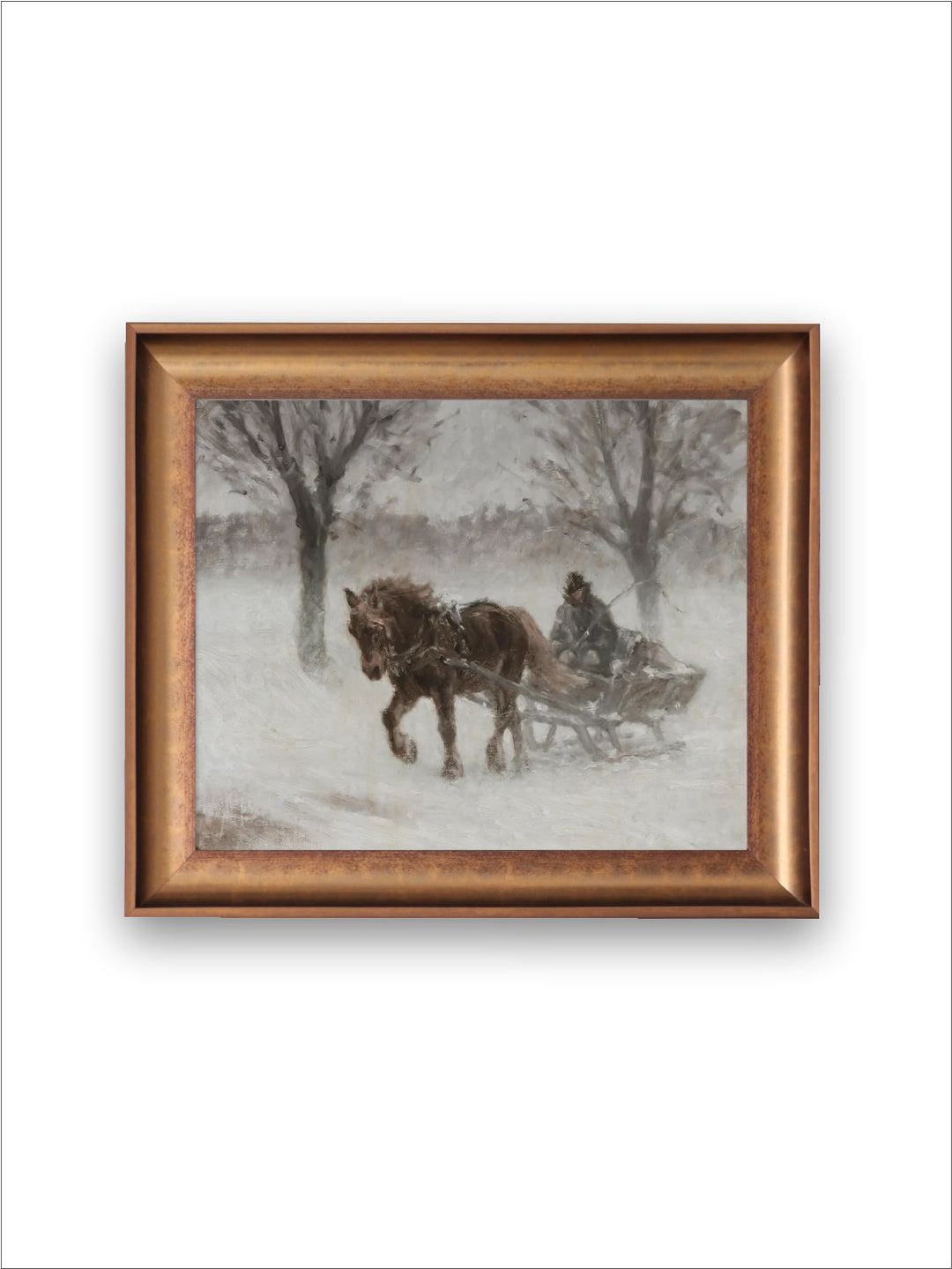 The Vintage Artistry Grey & White Country Winter Sleigh Ride Printed Framed Wall Painting