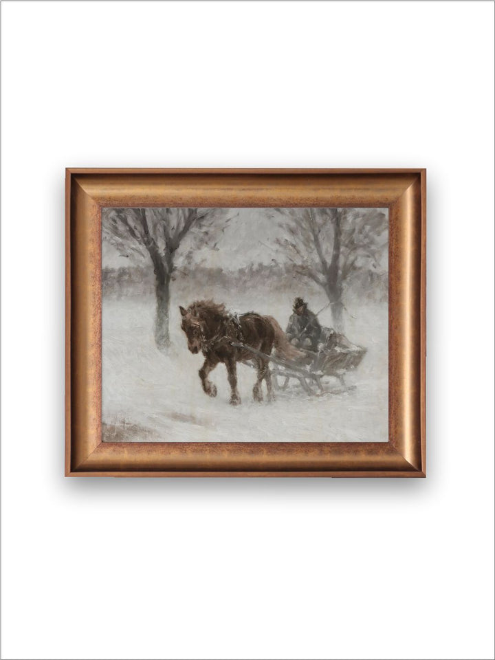 The Vintage Artistry Grey & White Country Winter Sleigh Ride Printed Framed Wall Painting