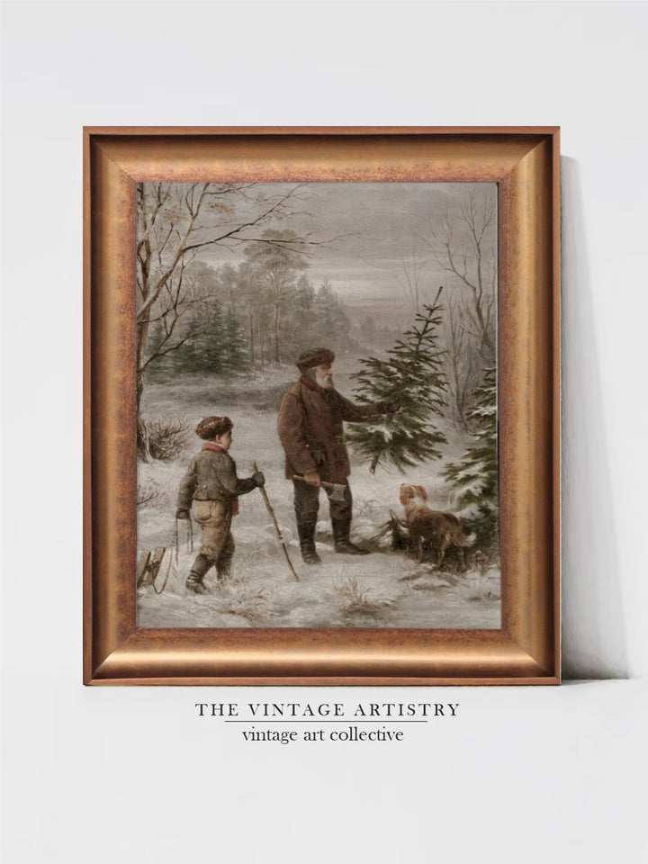 The Vintage Artistry Brown & Green Winter Father Son & Dog Scene Christmas Framed Wall Painting