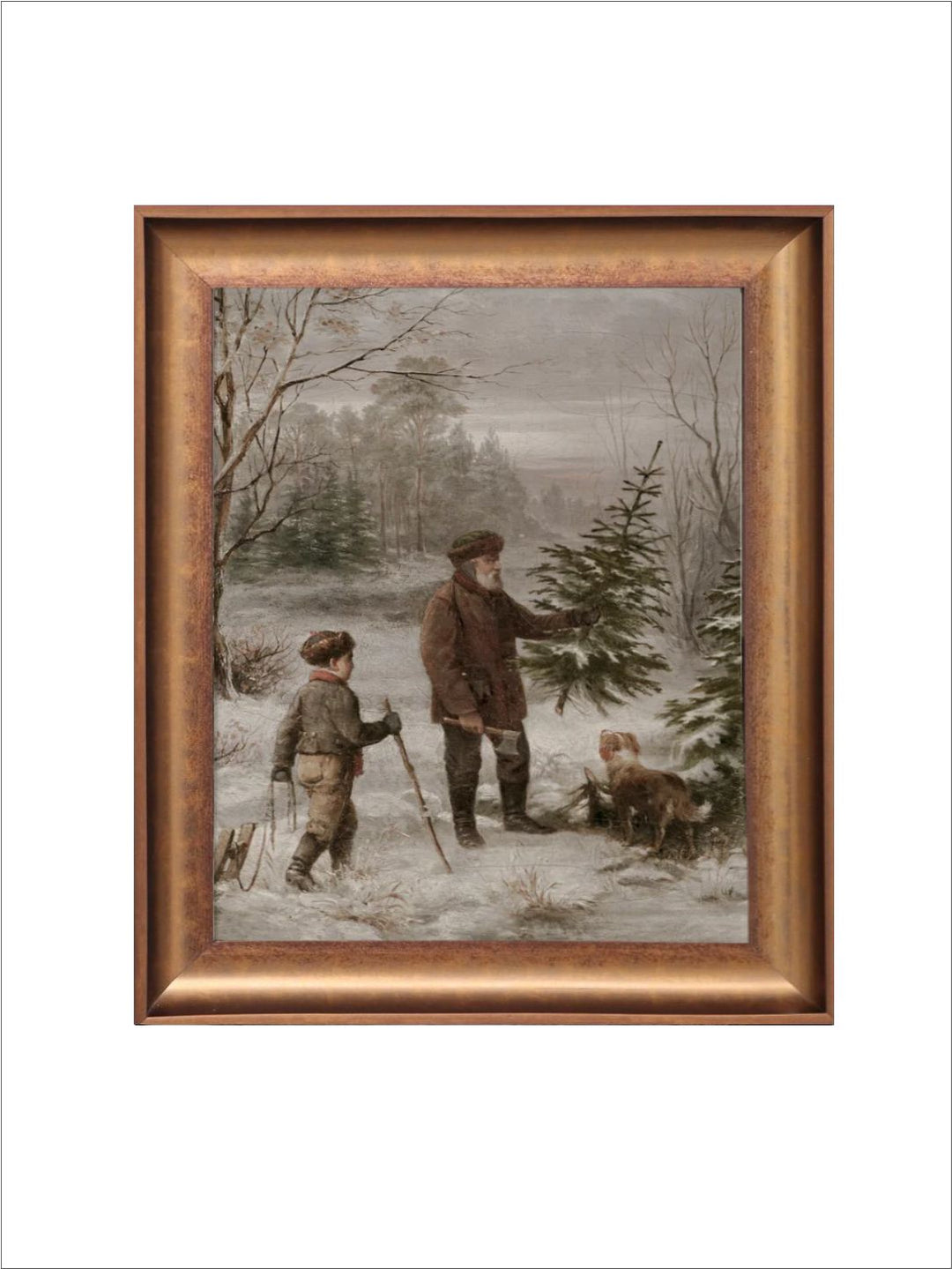 The Vintage Artistry Brown & Green Winter Father Son & Dog Scene Christmas Framed Wall Painting