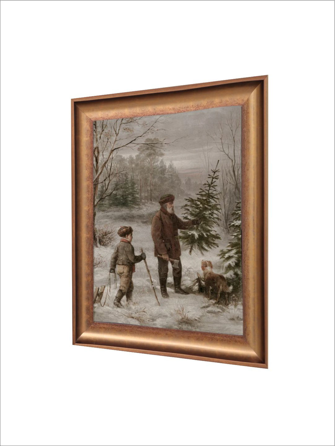 The Vintage Artistry Brown & Green Winter Father Son & Dog Scene Christmas Framed Wall Painting