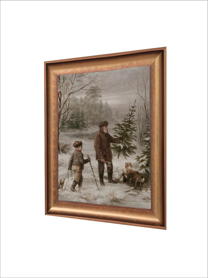 The Vintage Artistry Brown & Green Winter Father Son & Dog Scene Christmas Framed Wall Painting