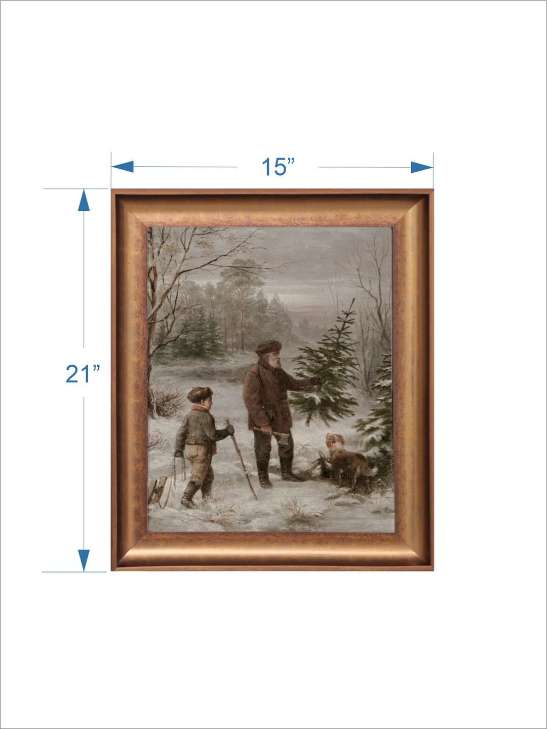 The Vintage Artistry Brown & Green Winter Father Son & Dog Scene Christmas Framed Wall Painting