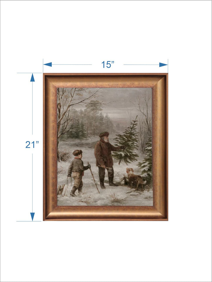 The Vintage Artistry Brown & Green Winter Father Son & Dog Scene Christmas Framed Wall Painting