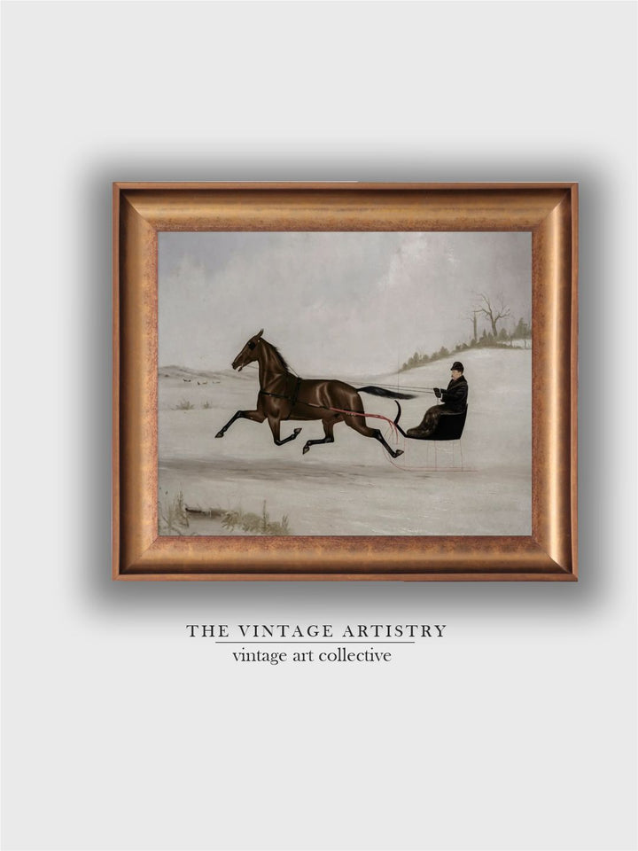 The Vintage Artistry Gold-Toned & White Antique Horse Lithograph Printed Framed Wall Art