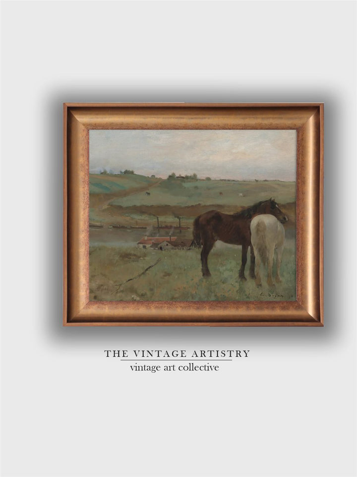The Vintage Artistry Brown & Green Horses Wooden Framed Wall Painting