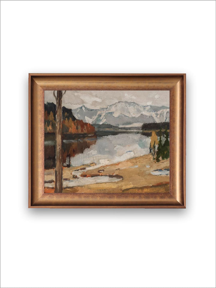The Vintage Artistry Green & White Rustic Autumn Lake Landscape Painting Wall Art