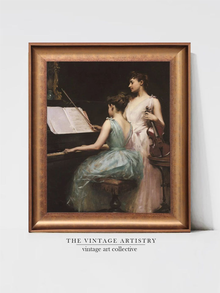 The Vintage Artistry Brown & Green Playing Piano Framed Wall Painting