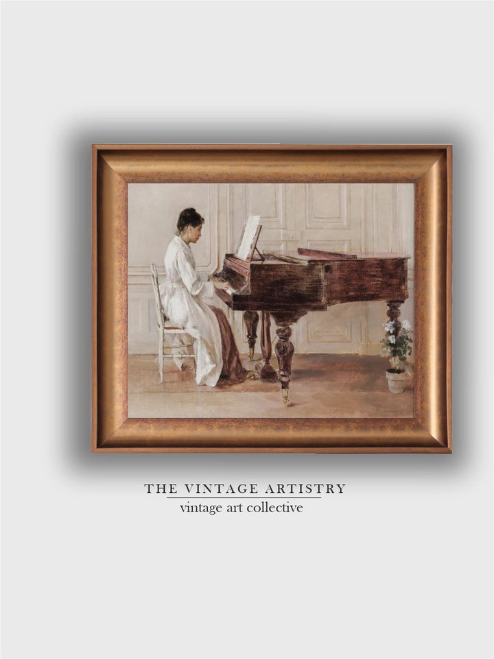 The Vintage Artistry Beige & Brown Woman Playing Piano Printed Framed Wall Art