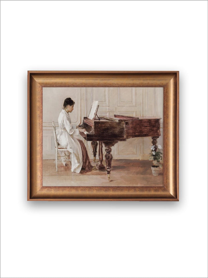 The Vintage Artistry Beige & Brown Woman Playing Piano Printed Framed Wall Art