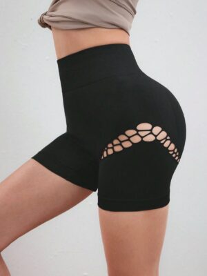 Summer High Waisted Hollow Out Slim Fit Athletic Shorts In Solid Color