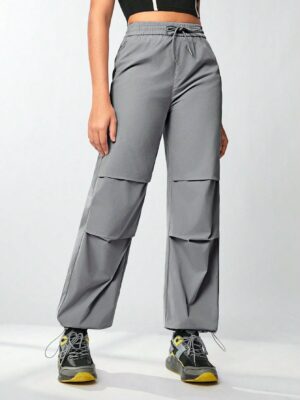 Women’s Solid Color Drawstring Waist Sports Pants With Pockets