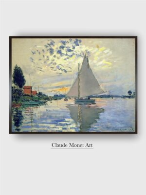 “Grey  Blue Monet Sailboat Wooden Painting Wall Art”